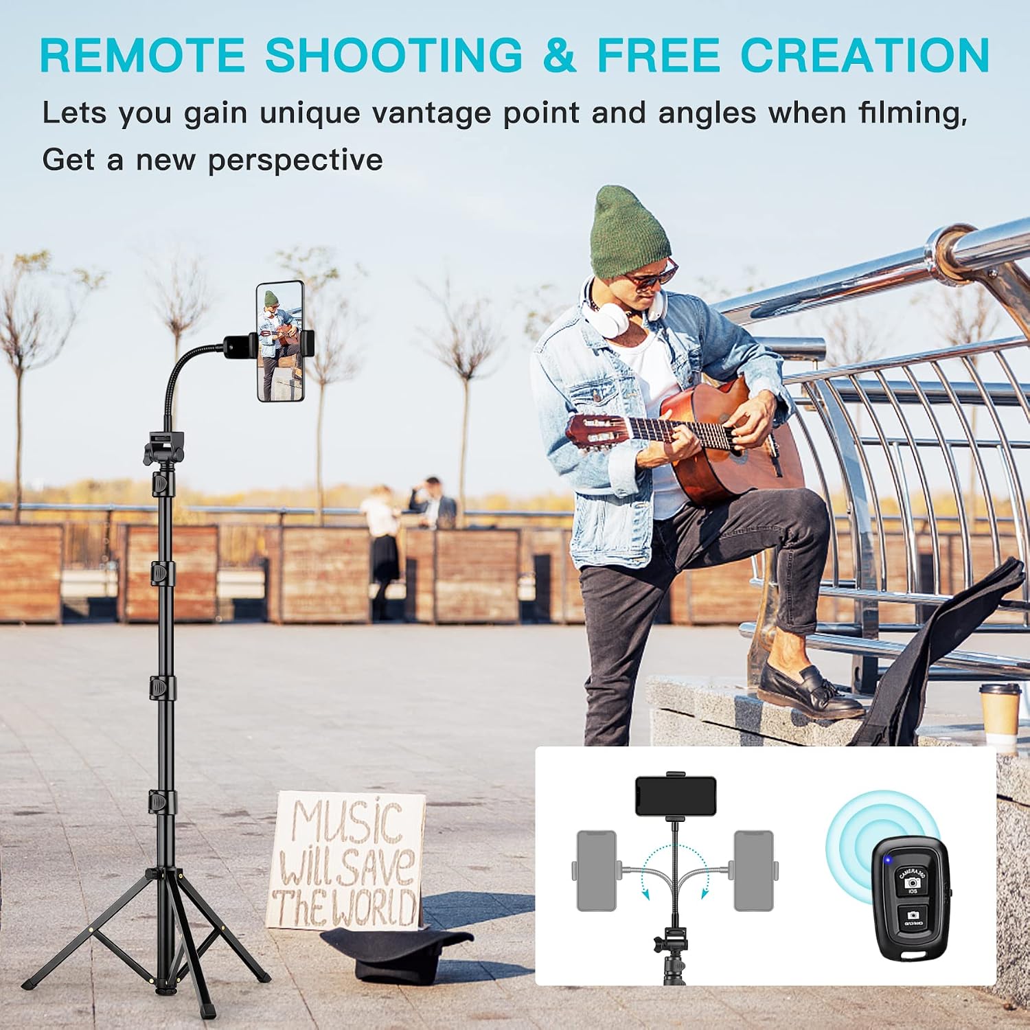 74 Flexible Phone Tripod, Tall Cell Phone Tripod with Adjustable Gooseneck & Remote, Portable Camera Cellphone Stand for Video Recording, Compatible with iPhone Android
